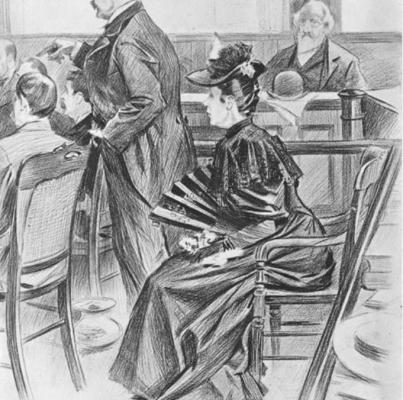 Clinedinst, B. West (Benjamin West) | Library of Congress The Borden murder trial–A scene in the court-room before the acquittal – Lizzie Borden, the accused, and her counsel, Ex-Governor Robinson / drawn on the spot by B. West Clinedinst.